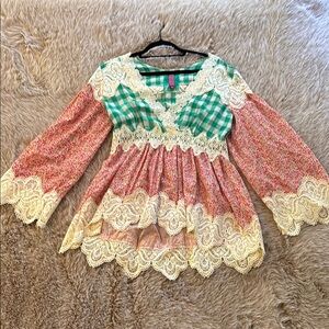 Green Gingham and Floral Tunic with Beige Lace Detail